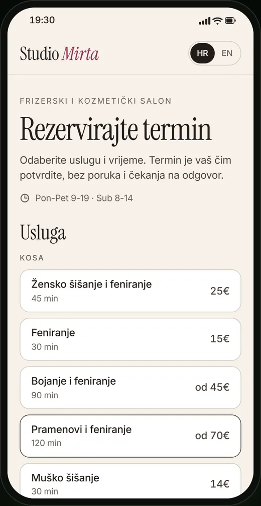 Stranica izmišljenog salona s online rezervacijom, na mobitelu
