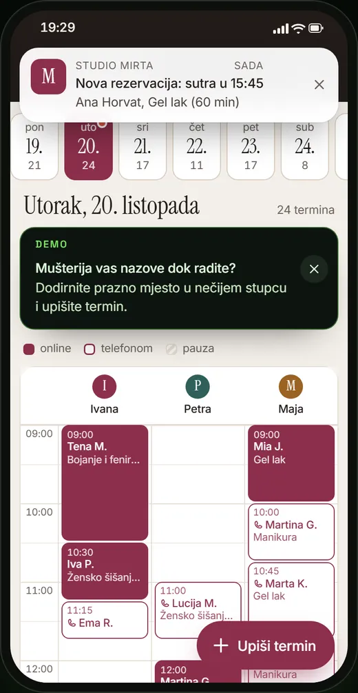 Kalendar salona na mobitelu, s obaviješću o novoj online rezervaciji